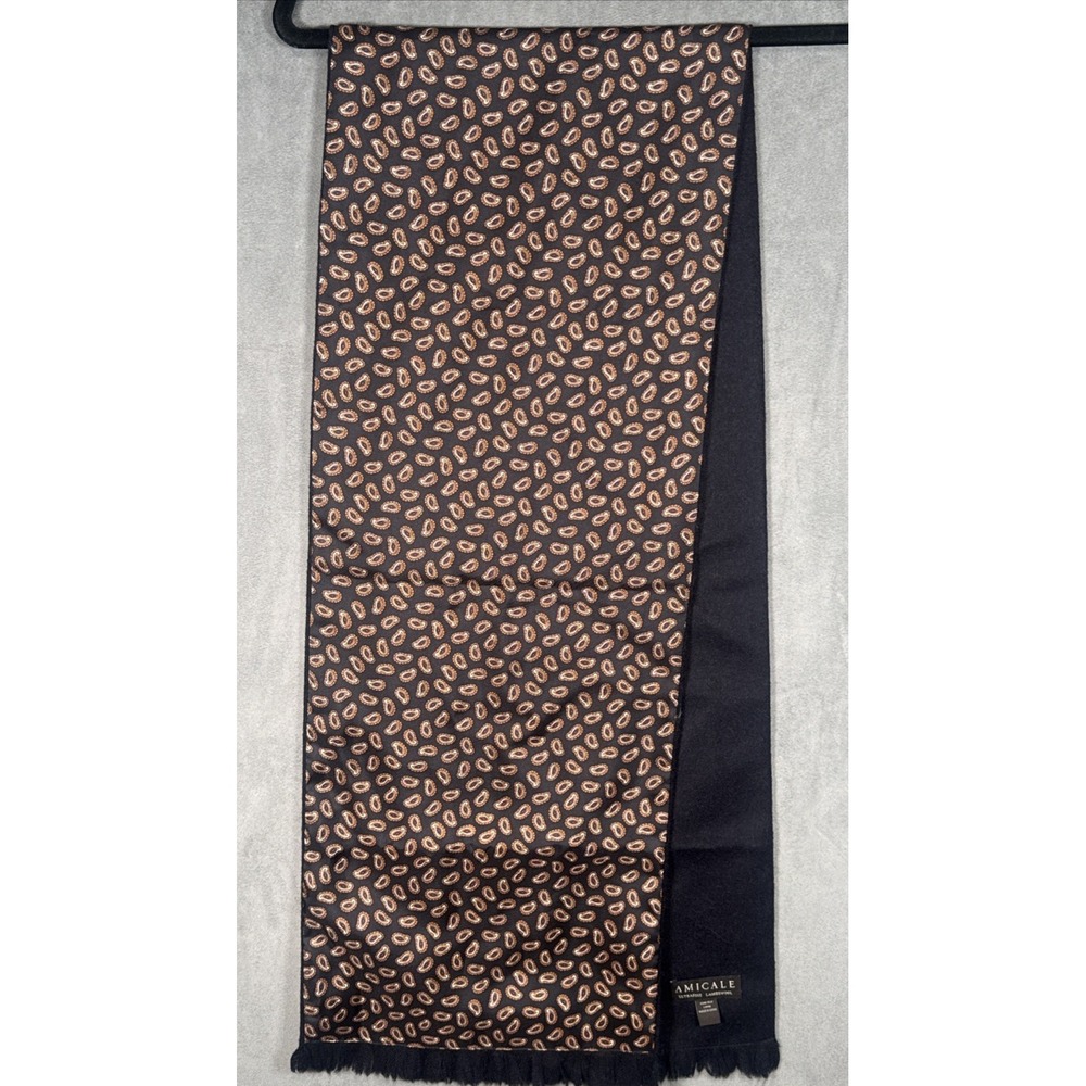 Amicale Unisex Ultrafine Lambswool Silk Scarf Paisley Black Fringe 30" x 10.5"